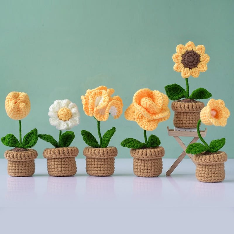Cuteeeshop Yellow Flowers and Potted Plants Beginners Crochet Kit with Easy Peasy Yarn