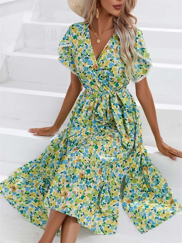 Women's Dresses Summer Small Floral Split V-neck Irregular Skirt Mid-length Skirt-Cosfine