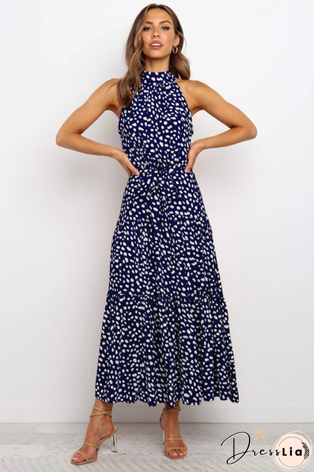 Plus Size Elegant Ladies Dress-Sleeveless-Collect Waist-Polka Dot-Long Boho Casual