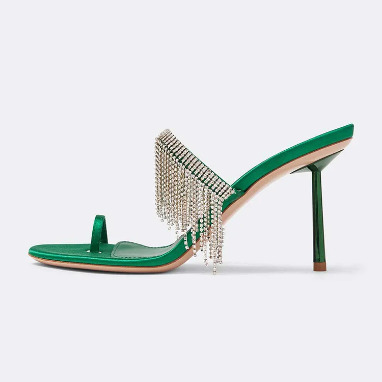 Green Satin Stiletto Heels Rhinestone Fringe Toe Ring Sandals |FSJ Shoes