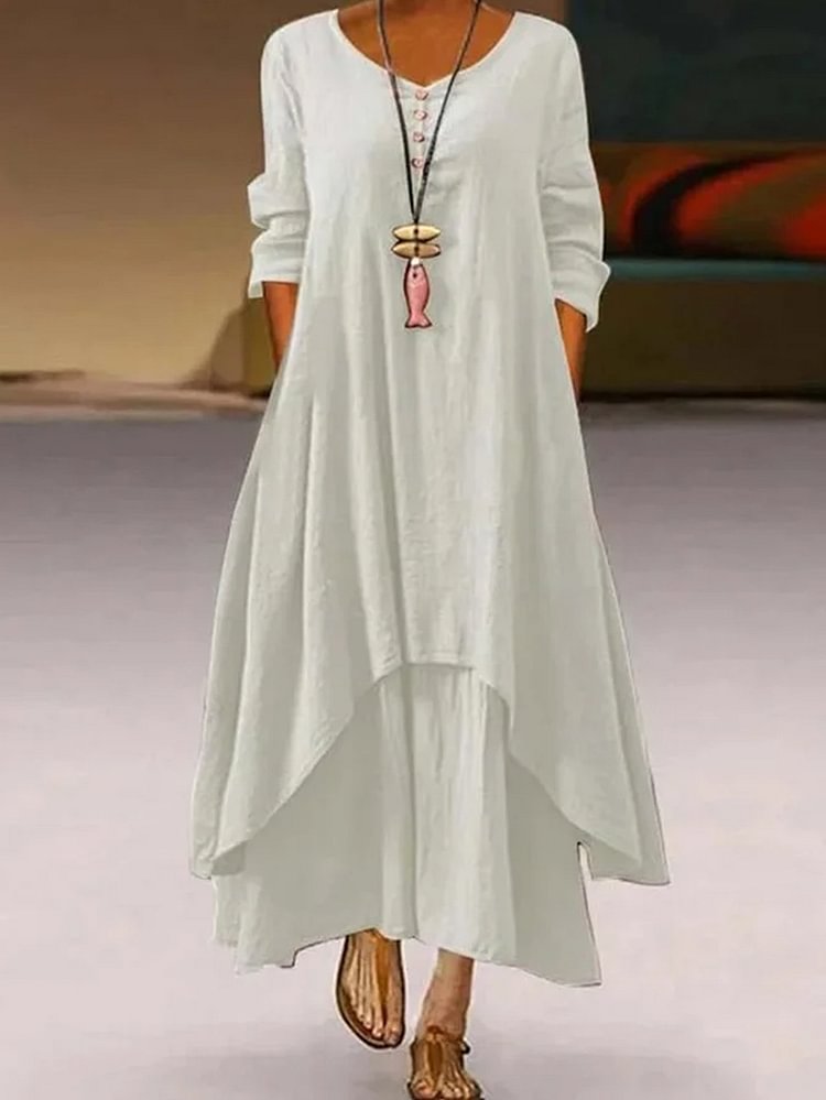Women's Fake Two Loose Long Sleeve Cotton Linen Skirts Dress-Mayoulove