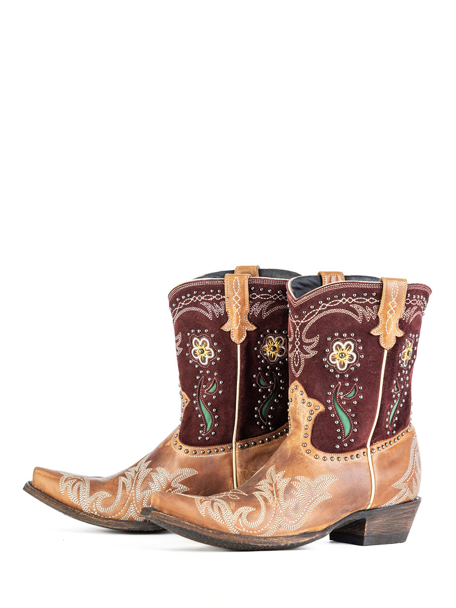 Tan Snip Toe Embroidered Floral Studded Heeled Cowgirl Boots