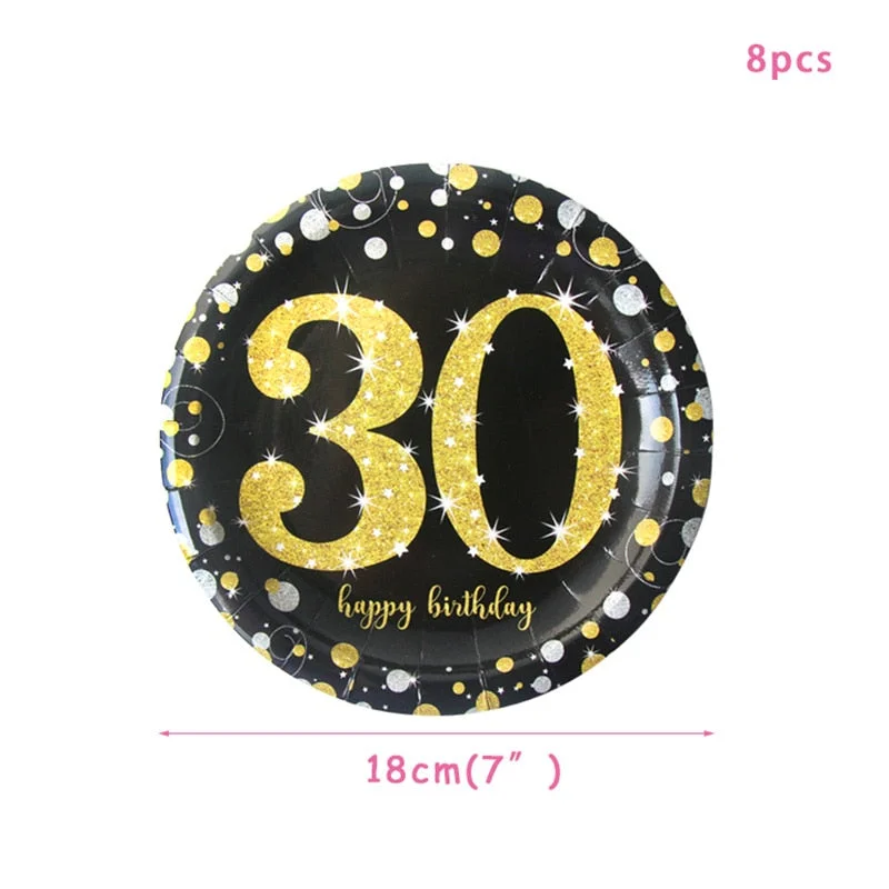 1set 30th 40th 50th 60th happy birthday party decorations adult anniversary party supplies gold black paper plate cup napkin