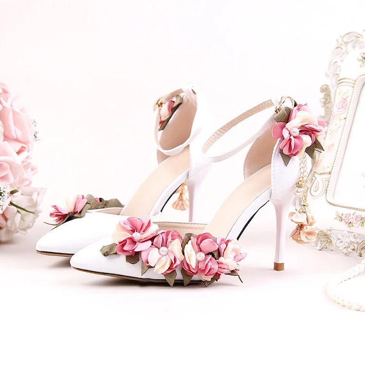 White Bridal Closed Toe Floral Ankle Strap Heels for Wedding Vdcoo