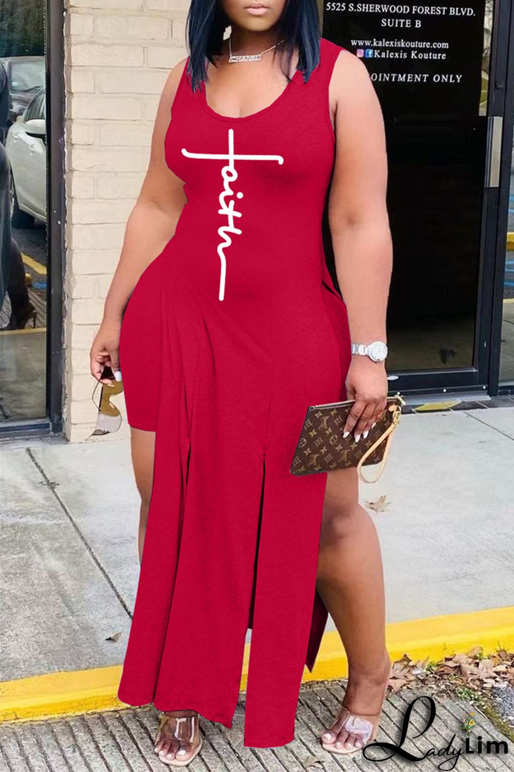 Grey Fashion Sexy Print Slit Vests U Neck Sleeveless Two Pieces