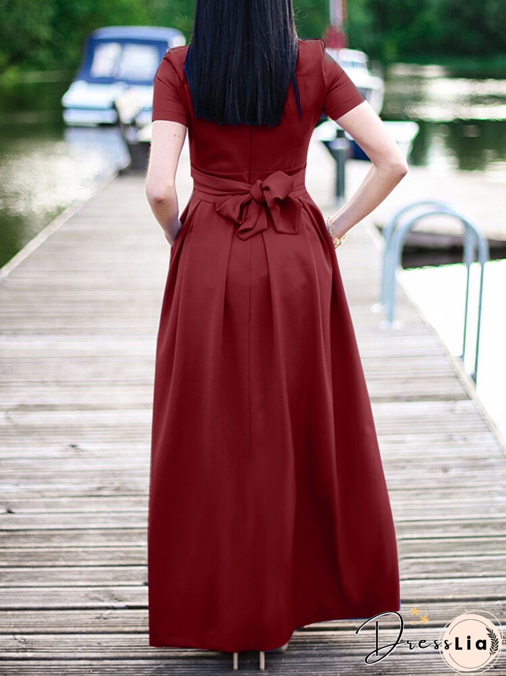 Solid Short Sleeve Pocket Crew Neck Maxi Dress