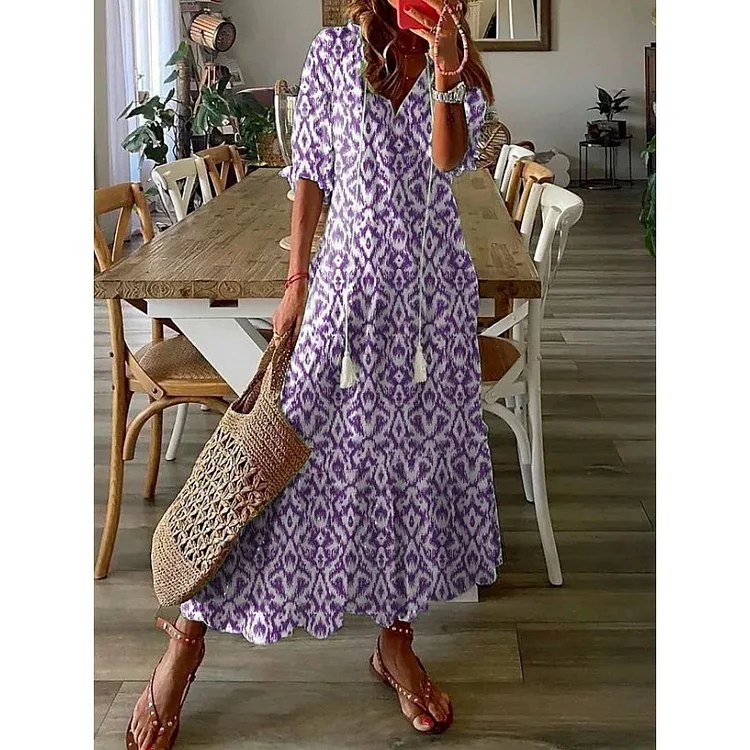 Cgacest 2025 Women Vintage Print Bohemian Dress Summer Fashion V Neck Half Sleeves Long Dresses Female Casual Holiday Beach Dresses