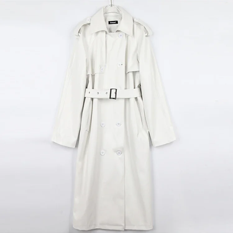 Fashion Loose Solid Color Lapel Belt Double Breasted Long Sleeve Faux Leather Trench Coat   