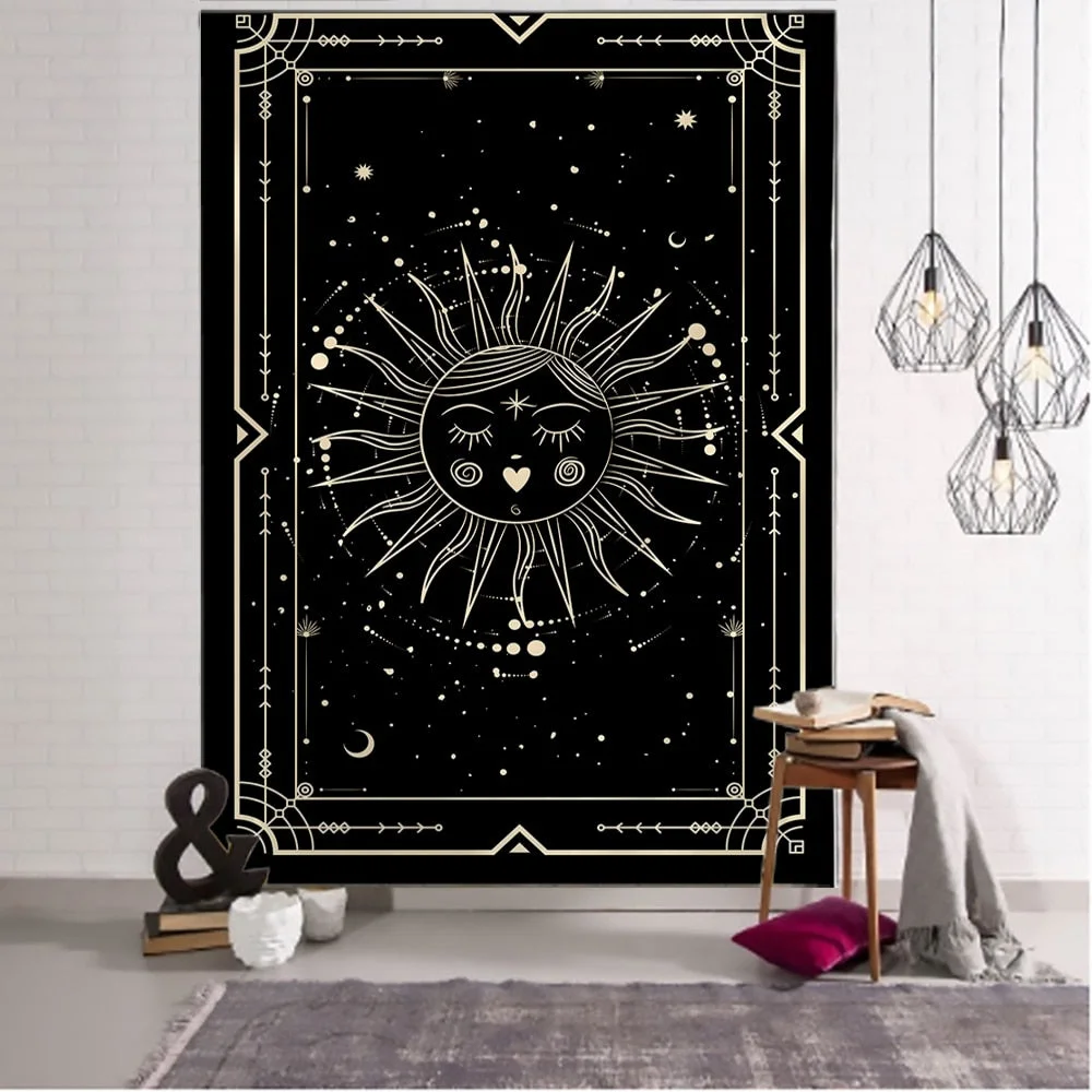 Golden Black Sun Moon Tarot Mandala Tapestry Wall Hanging Witchcraft Hippie Wall Carpets Dorm Decor Psychedelic Tapestry
