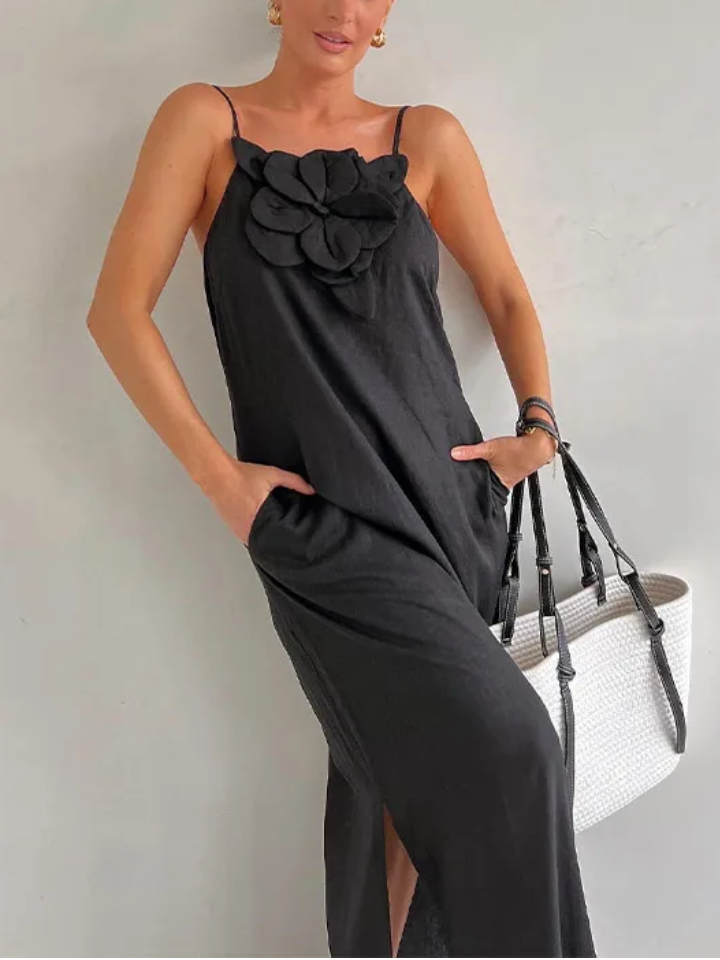 Floral Embellishment Pocketed Slit Maxi Dress