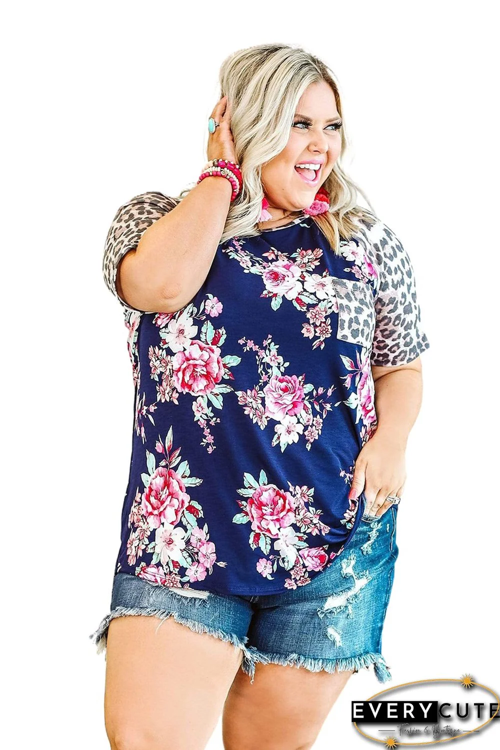 Blue Plus Size Leopard Floral Color Block Short Sleeve Top