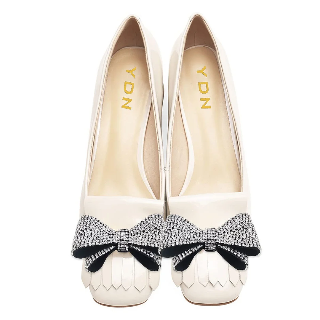 Beige Fringe Chunky Heel Rhinestone Bow Square Toe Pumps for Women