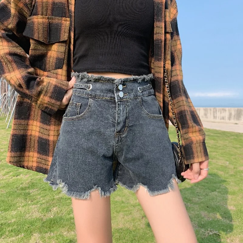 FTLZZ New Summer Women High Waist Hole Blue Denim Shorts Casual Female Single Breasted Jeans Vintage Ladies Shorts