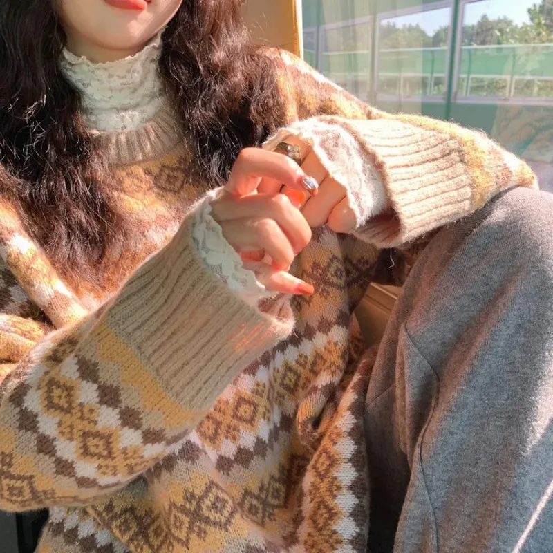 Churchf Churchf Jacquard Diamond Loose Sleeve Knit Sweater Female Student 2024 New Autumn And Winter Outside Wear Lazy Wind