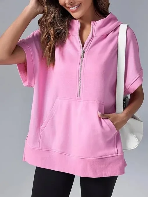 2024 Oversized Casual Half Zip Short Sleeve Pullover Tops with Pockets