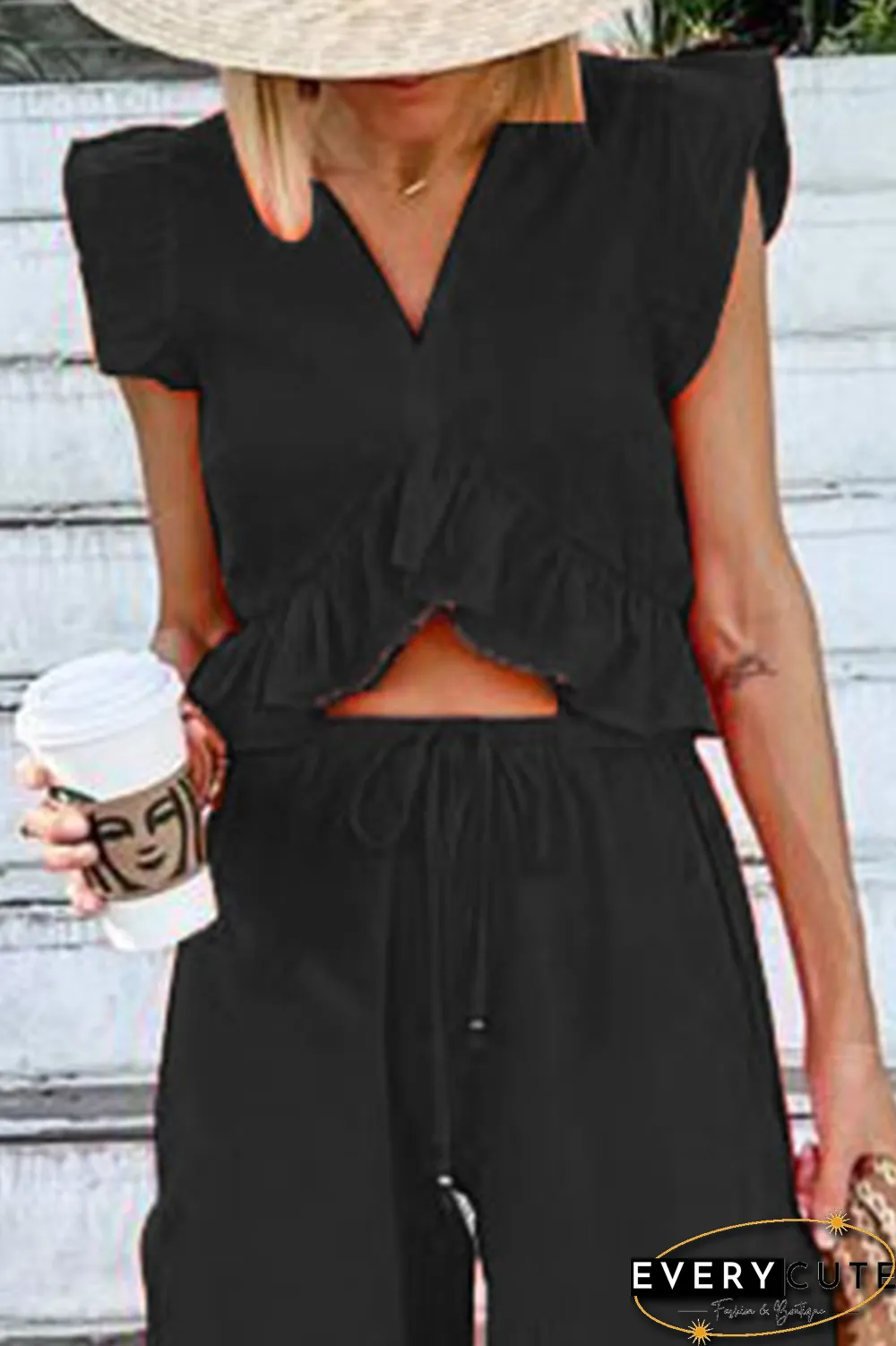 Casual Solid Flounce V Neck Sleeveless Two Pieces(9 Colors)