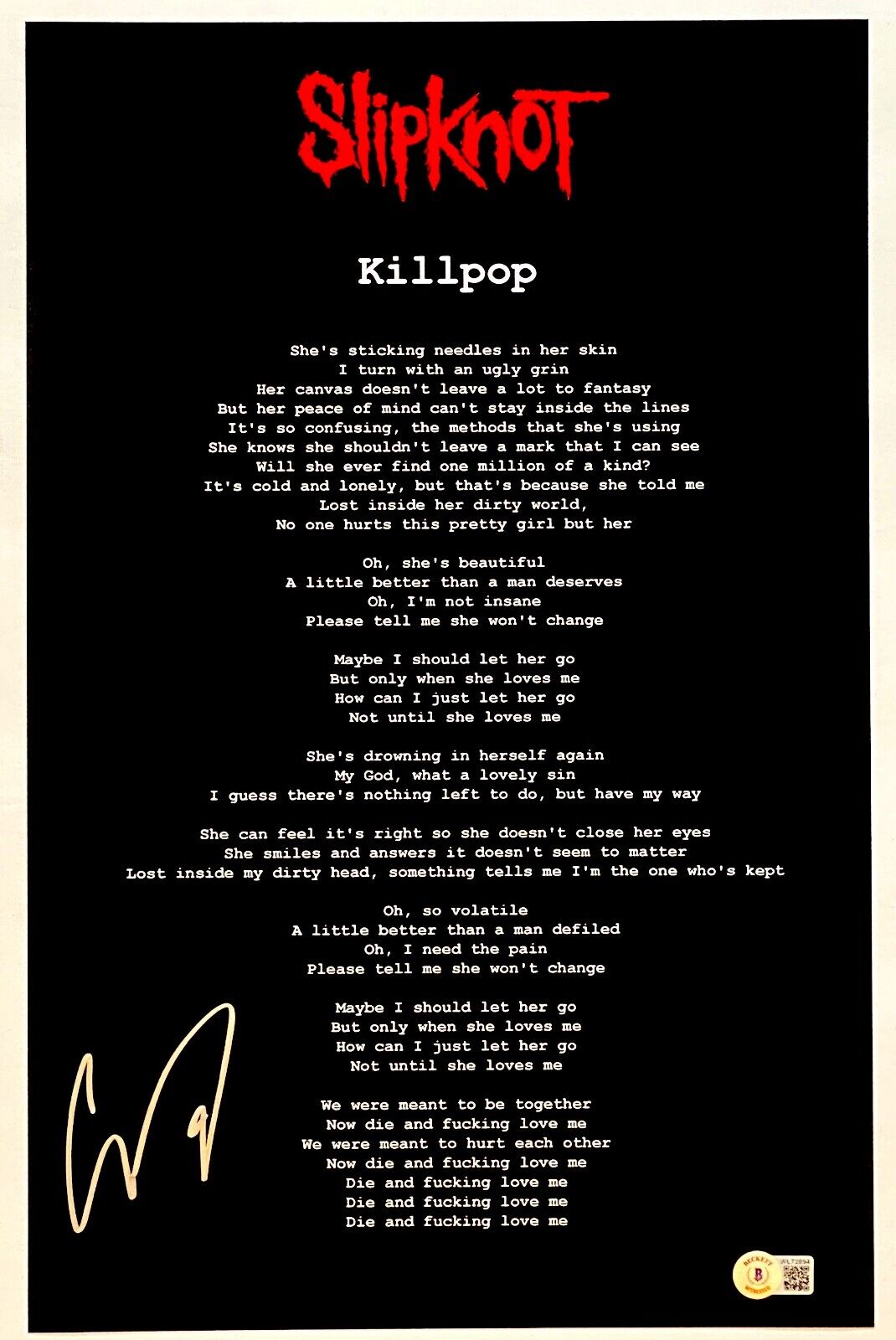 Corey Taylor Signed Slipknot Killpop 11x17 Song Lyrics Poster Photo Poster painting Beckett COA