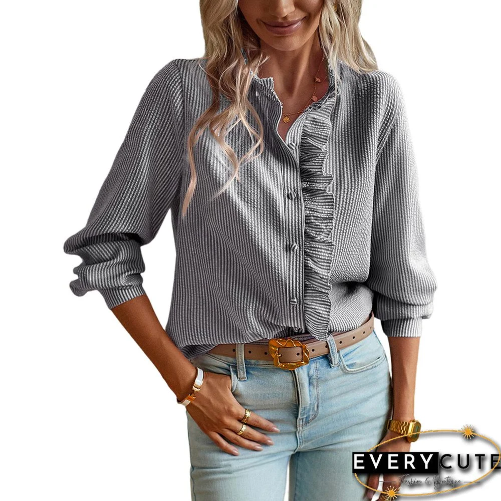 Gray Ruffle Detail Button Long Sleeve Shirt