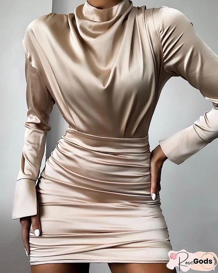 High Neck Ruched Satin Dress