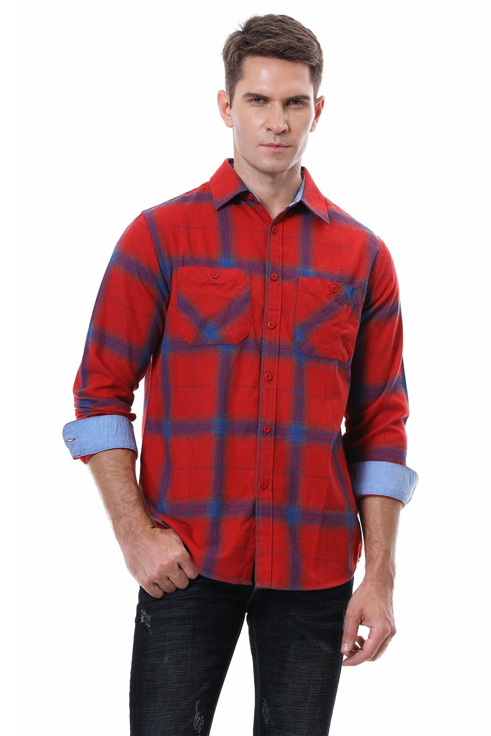 Men's Plaid Flannel Shirt Red/Royal Alex Vando Fashion