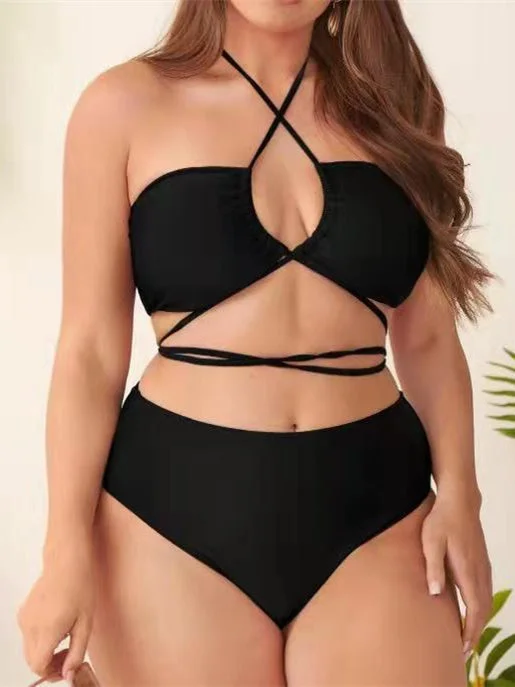 Plus Size Solid Backless Bikini Set