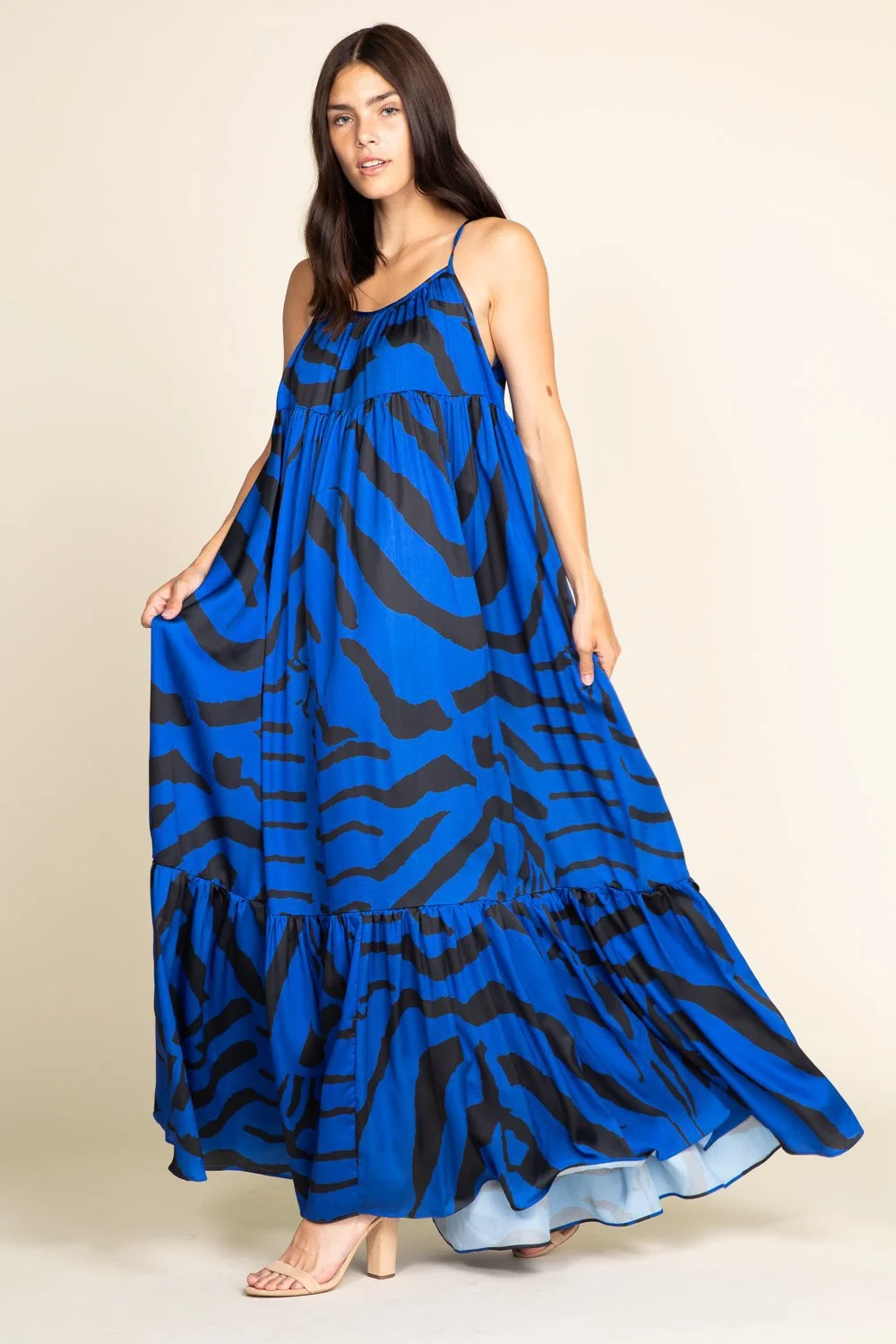 Royal Blue Striped Print Dress Summer 2021 Women Sling Ruffled Casual Long Loose Beach Dresses