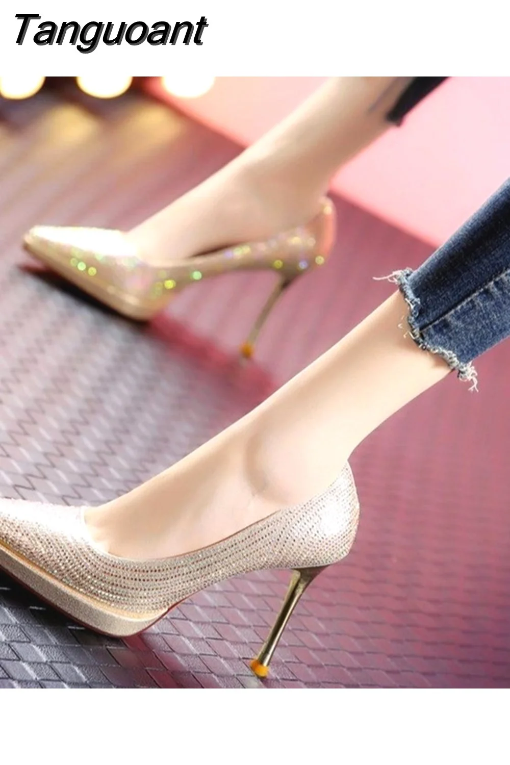 Tanguoant Spring/Summer Pointed Stiletto High Heels Women's Transparent Metal Wire Side Shallow High Heels