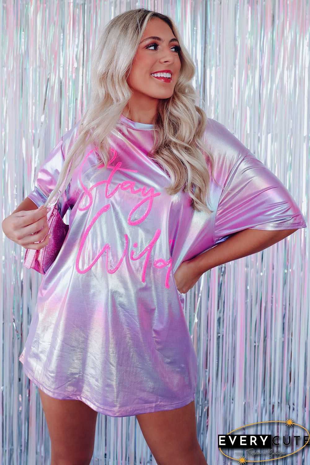 Purple Shiny Iridescent Stay Wild Graphic Oversized Tee