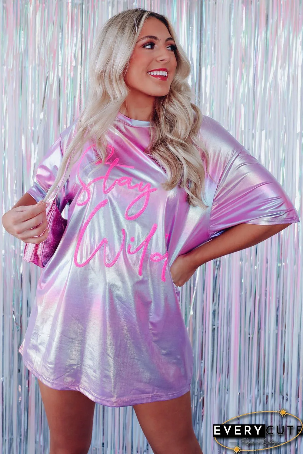 Purple Shiny Iridescent Stay Wild Graphic Oversized Tee