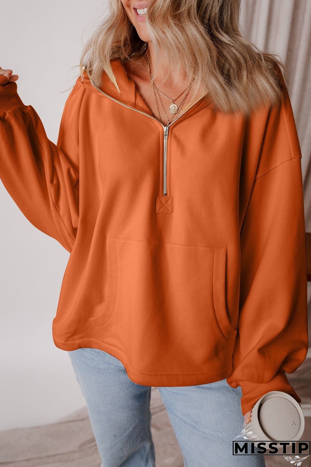 Pocketed Half Zip Dropped Shoulder Hoodie