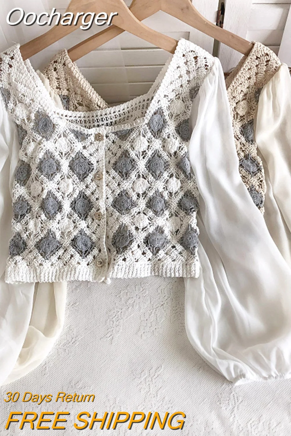 Oocharger 2023 Blusas De Mujer Square Collar Crochet Floral Chiffon Lantern Sleeve Shirt Crop Tops Vintage Loose Blouses Women