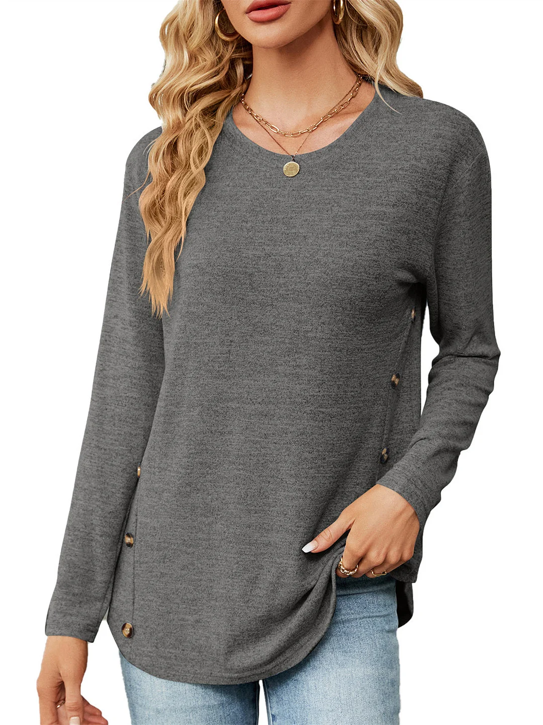 Women's  Button Scoop Neck Long Sleeved Top