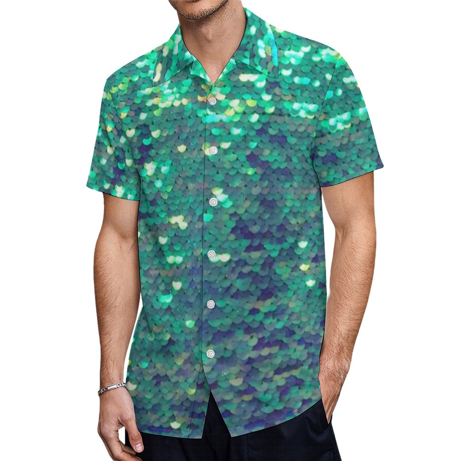 Mermaid Simulated Sequin Hawaiian Shirt Mens Button Down Plus Size Tropical Hawaii Beach Shirts