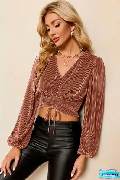Drawstring V-Neck Balloon Sleeve Blouse