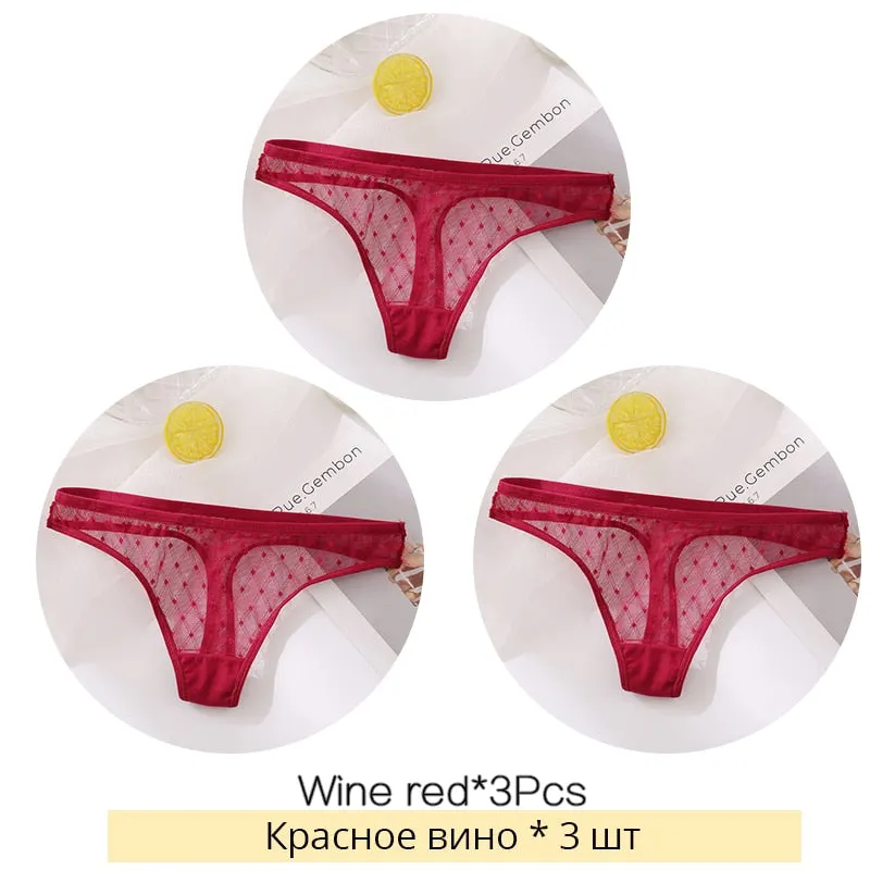 FINETOO Sexy Lace Thongs Women 3Pcs/set Transparent G-string Panties Dots Lace T-back Underwear Fashion Female Underpants M-XL