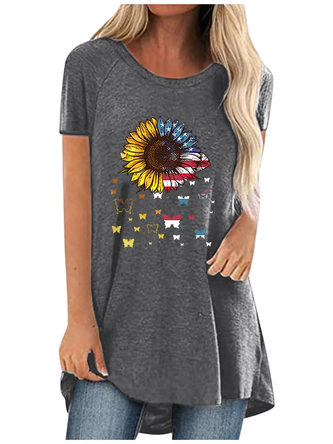 Women Casual Short Sleeve Scoop Neck Sunflower Floral Printed Tops