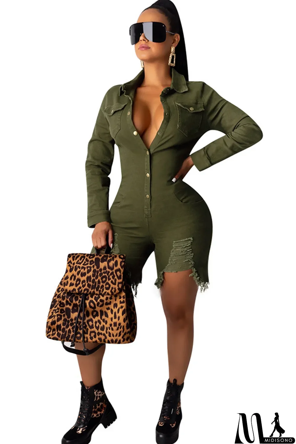 MidiSono - Black Sexy Solid Button washing Cotton Long Sleeve Turndown Collar Rompers