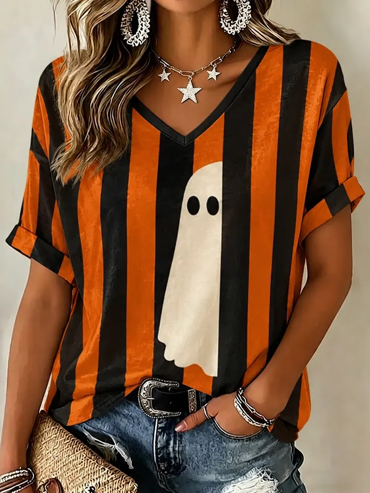 Comstylish Women's Halloween Hidden Ghost Art Striped Casual Top