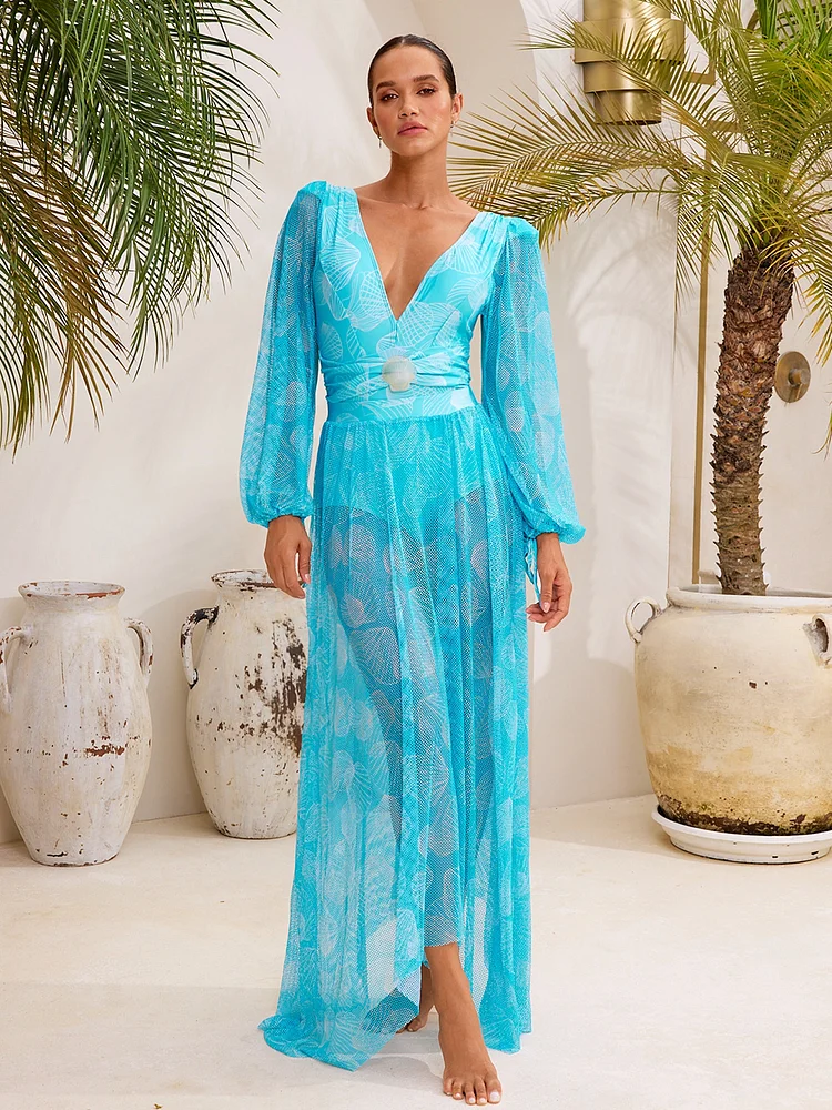 Mesh Splicing Long-sleeved Shell Print One Piece Swimsuit