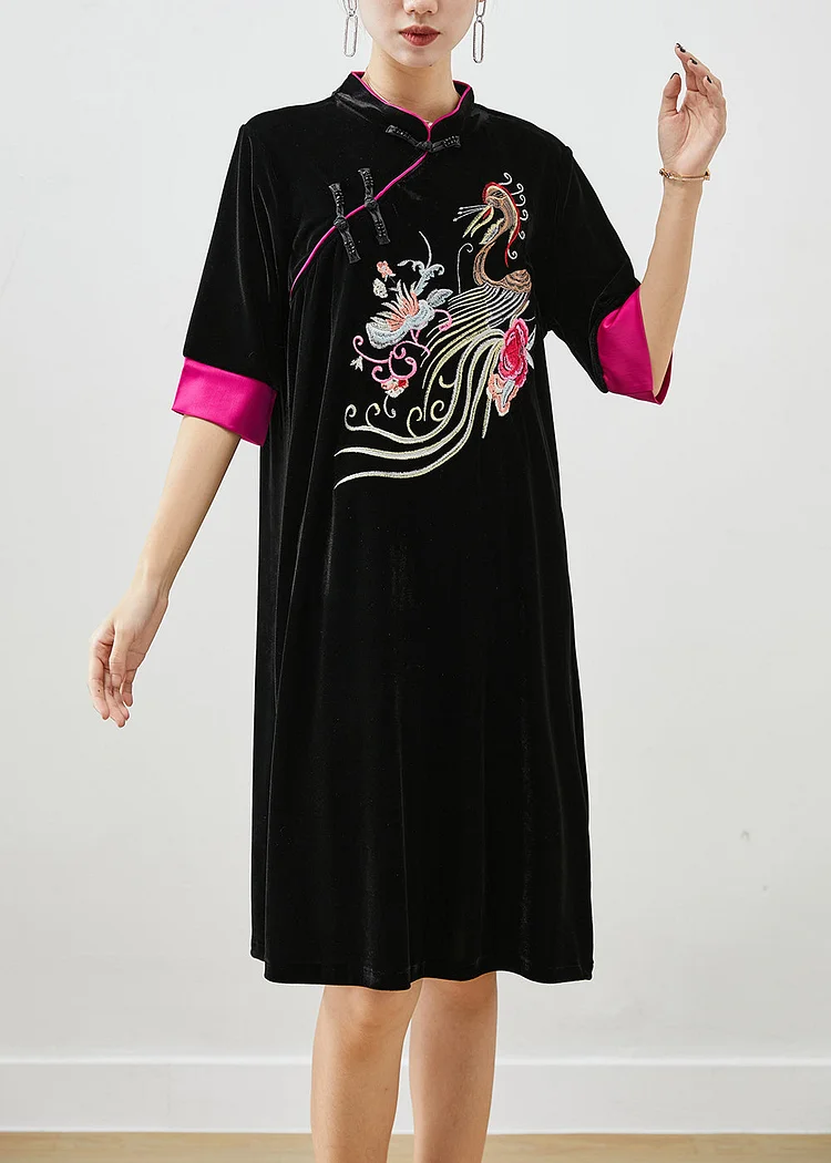 Classy Black Embroideried Silk Velour Dresses Half Sleeve