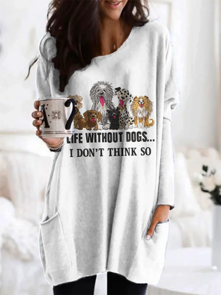 Wearshes Life Without Dogs Embroidery Pattern Long Sleeve Loose T-Shirt