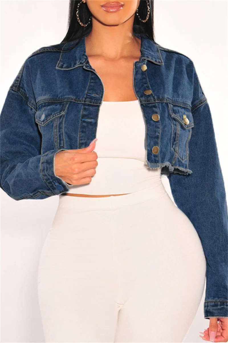 Deep Blue Fashion Casual Solid Ripped Turndown Collar Long Sleeve Regular Denim Jacket