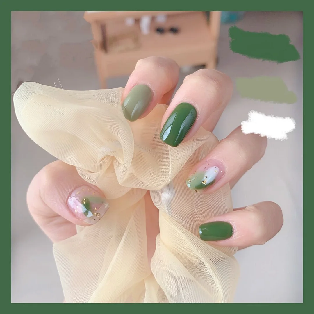 24pcs Summer Green Fake Nails Full Cover Fake Nails Glue DIY Manicure Nail Art Tools-Nail Inspo