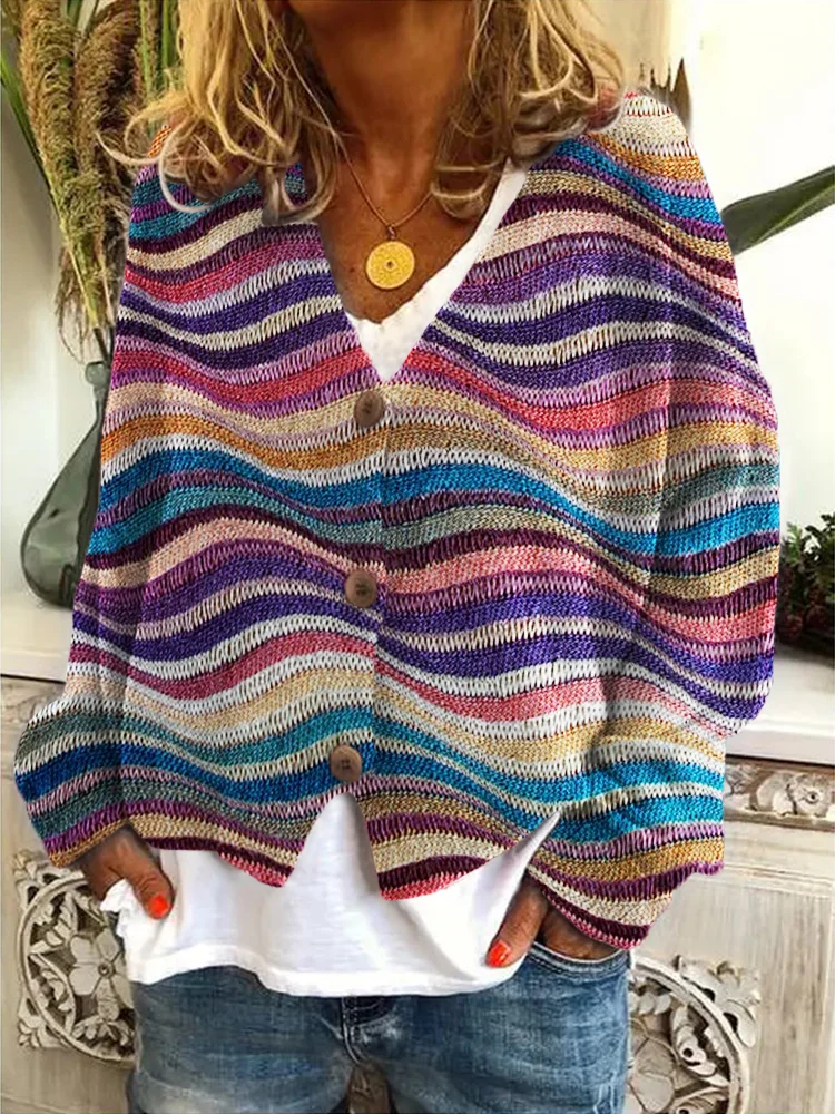 Colorful Sea Waves Knit Art Cozy Cardigan