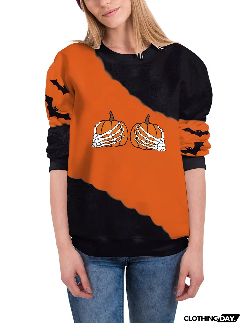 Women's Halloween Graphic Solid Color Scoop Neck Long Sleeve Top