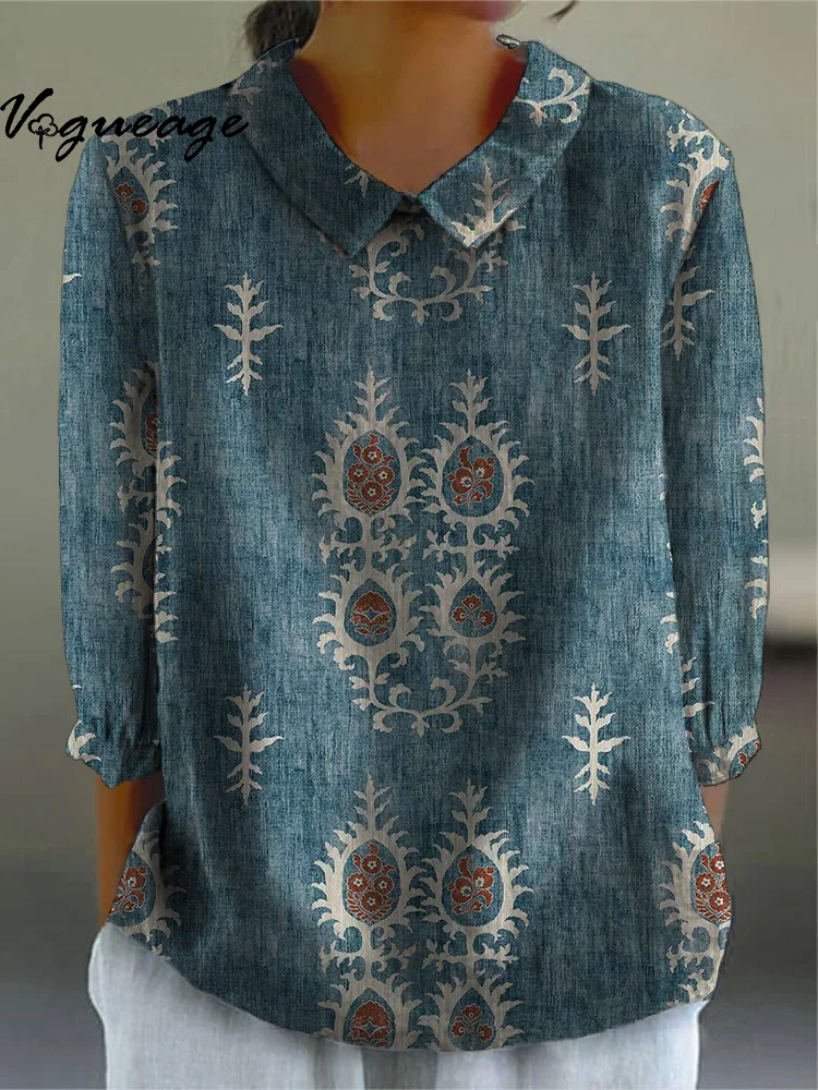 Gentle And Elegant Ethnic Pattern Printed Cotton And Linen Women Shirt