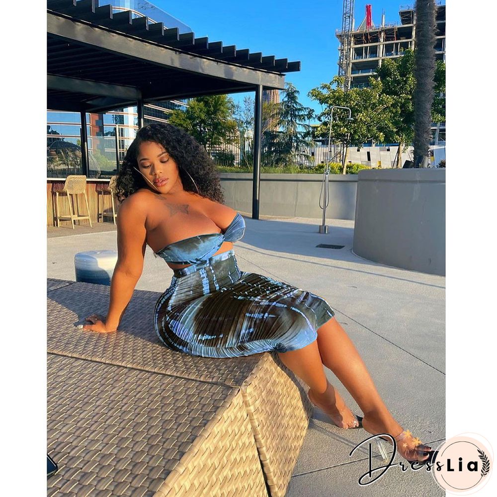 Summer Tie Dye Plus Size Fashion Clubwear Strapless Crop Top Maxi Skirts Women Sexy Two Piece Set