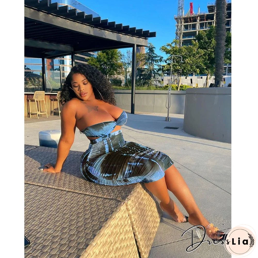 Summer Tie Dye Plus Size Fashion Clubwear Strapless Crop Top Maxi Skirts Women Sexy Two Piece Set