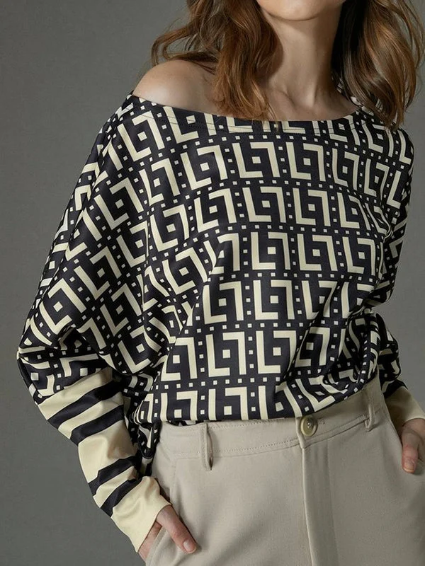 Batwing Sleeves Loose Printed Split-Joint One-Shoulder T-Shirts
