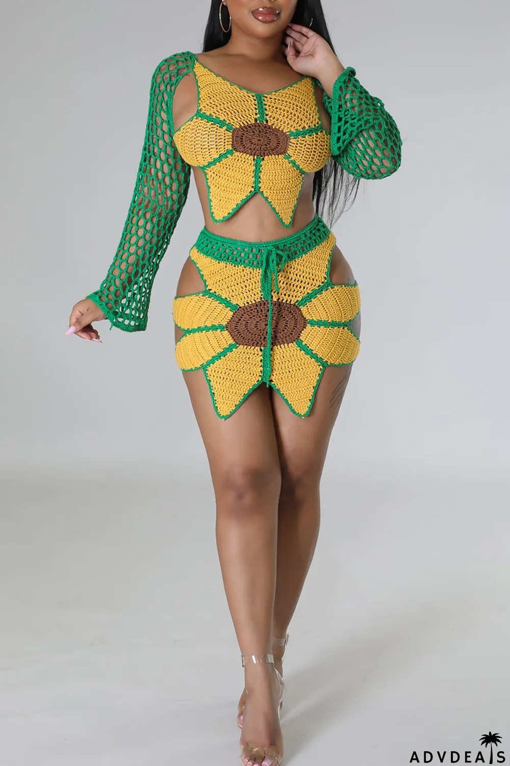 Green Yellow Sexy Solid Bandage Hollowed Out Patchwork Backless V Neck Long Sleeve Two Pieces